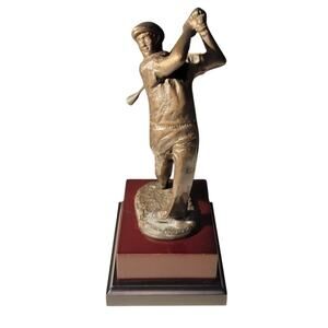 Bronze Metal Golf Figurine Statue 11.5" Wood Base Classic Perfect Swing Golfer